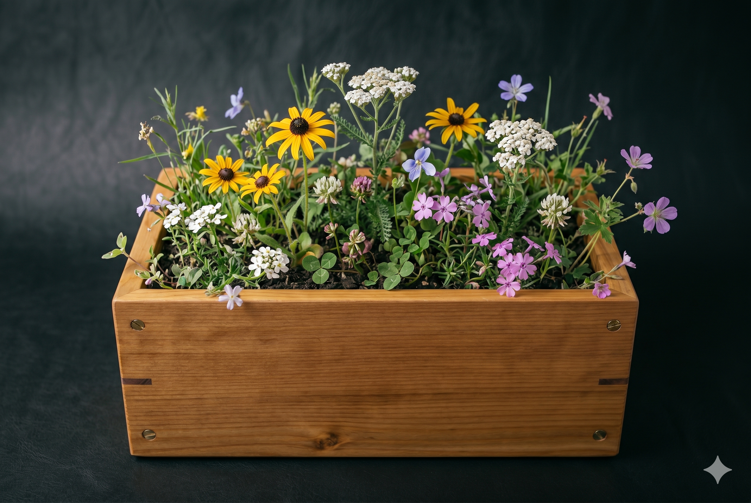 Cedar memorial planter planted with native wildflowers